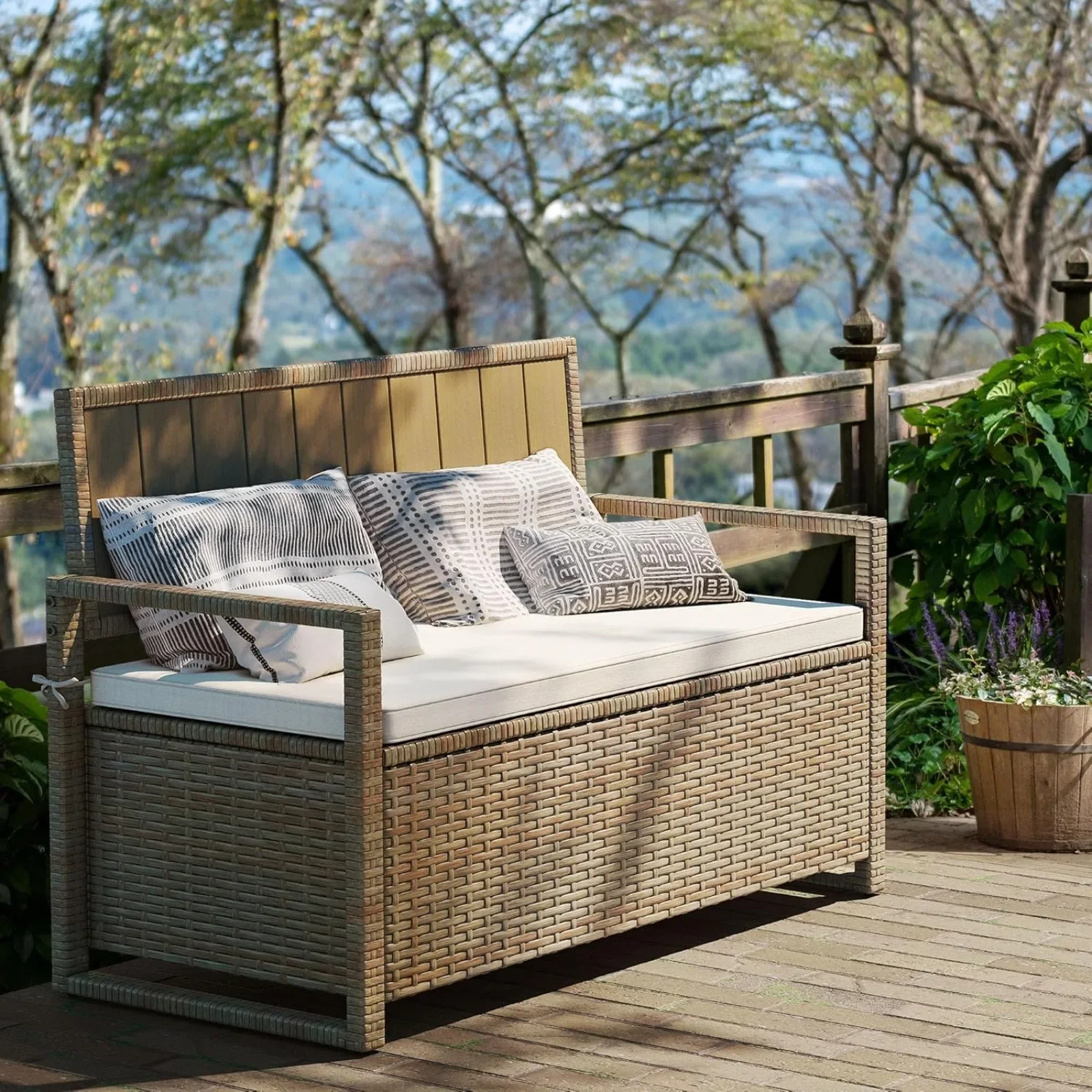 

US 70 Gallon Outdoor Storage Bench, Weather-Resistant Woven Rattan Deck Box, Wicker Storage Seat for Patio Furniture