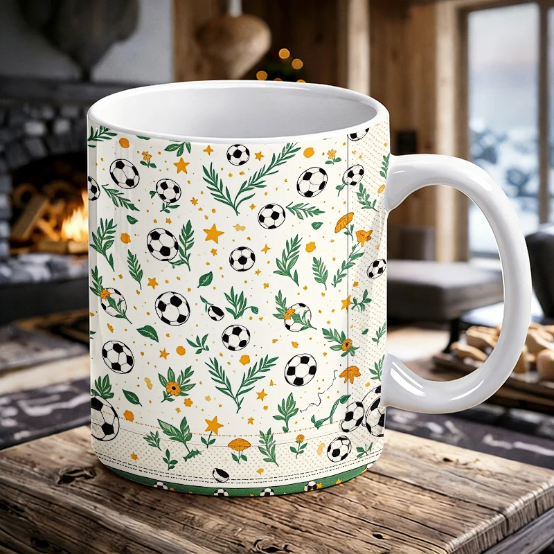 

Cream Base Floral Soccer All Over Print Coffee Mug,Fresh Botanical Leaf Football Ceramic Cup,Casual Sport Style Daily Water Mug