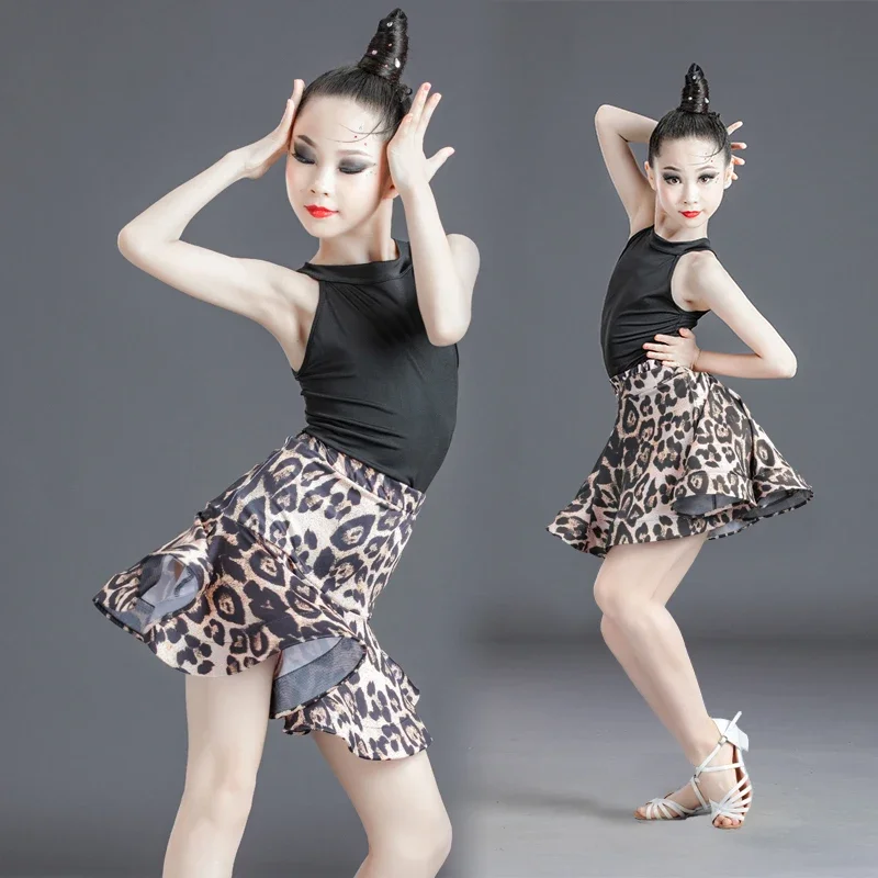 

Leopard Print Girls Latin Dance Fringe Dress Long/short Sleeve Kids Ballroom Competition Stage Performance Tops+skirt Set