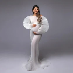 Popular White Pleated Maternity Dresses for Photoshoot Puff Sleeve Off Shoulder Sheer Maternity Gown Photography Pregnancy Dress