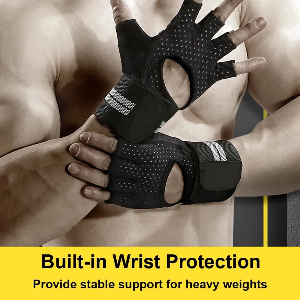 1Pair Workout Gloves Men Women Weight Lifting Gloves with Wrist Wraps Support for Gym Training, Full Palm Protection for Fitness