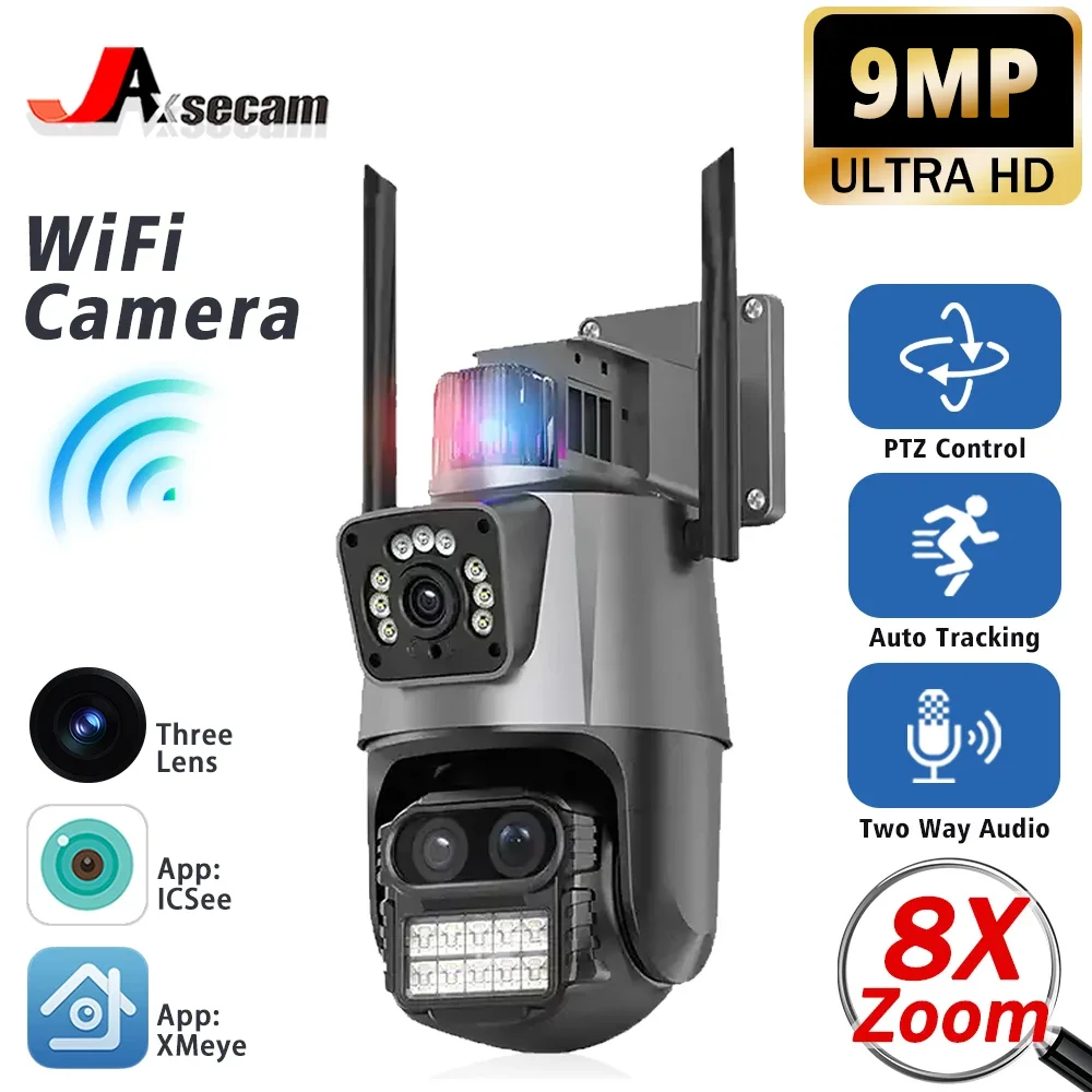 

9MP Three Lens 8X PTZ Zoom Outdoor Security Light Alarm 6K Video Surveillance WiFi IP PTZ CCTV Network ICsee PTZ Control Camera