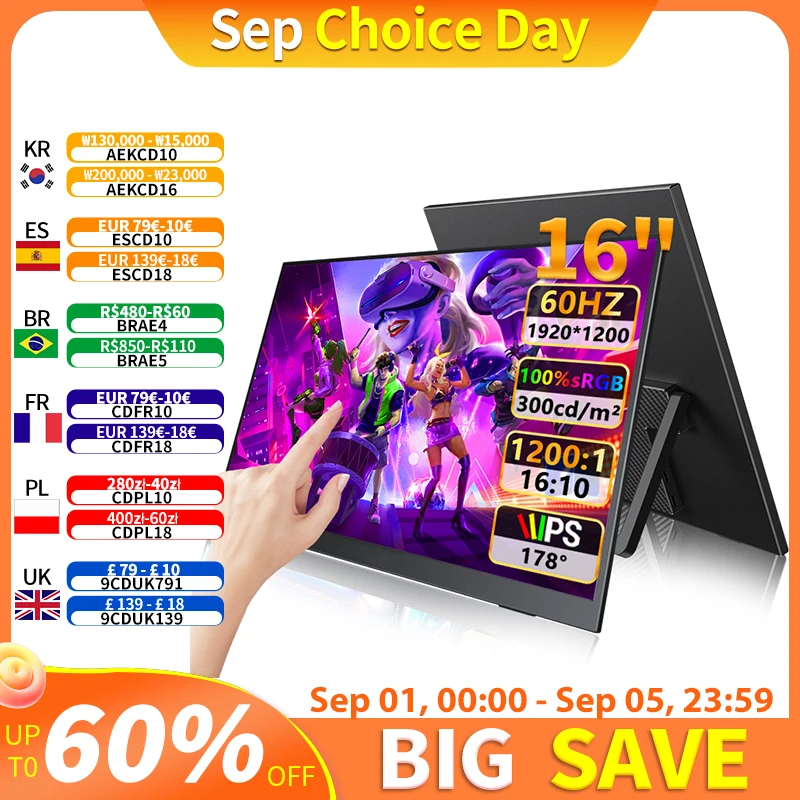 

16" FHD Portable Touch monitor External Display IPS 1200P Screen USB C mini-HDMI for Laptop Mac PC Xbox PS Switch With VESA Hole