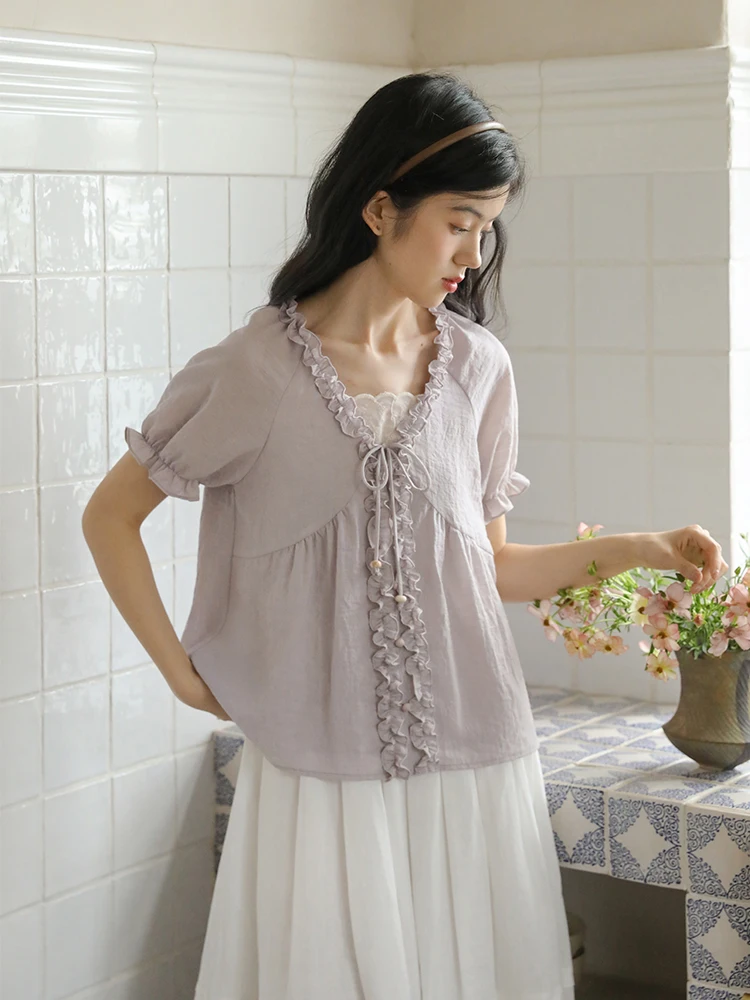 

Nesoulum Light Purple V-Ne Fake Two-Piece ort Sve irt Women Summer Vintage Wood ain Design Loose Top