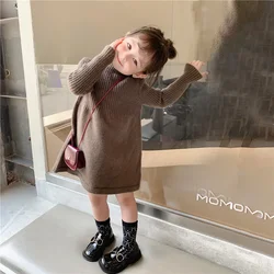 Dress Full Sleeve Knee Length Pullover A-line Solid Regular Cotton New Fashion Simple Sweet Winter Autumn Children Girls