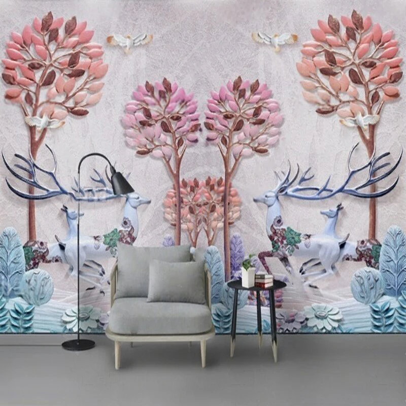 Modern Nordic Aesthetic Forest Red Deer Birds Watercolor Bedroom Hotel Decoration TV Sofa Mural Wallpaper Background Wall