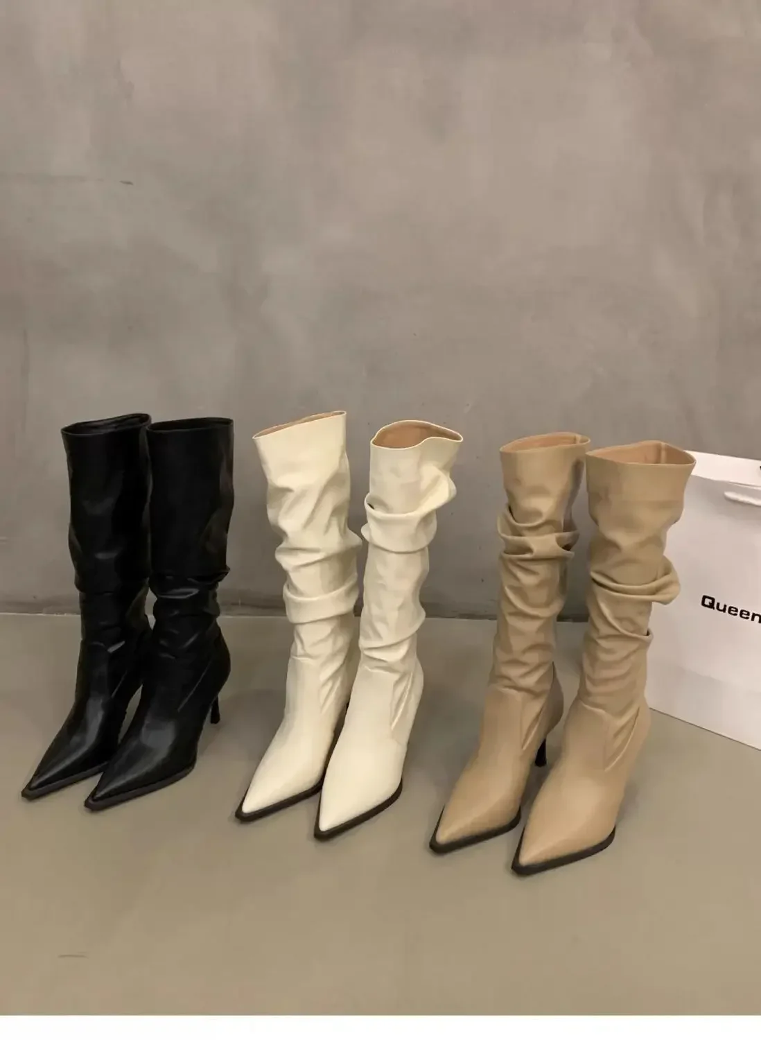 Plissierte Spitze Damen Langstiefel Street-Style High Heels Party-Stripper Damen Leder High Booties – Detail 18