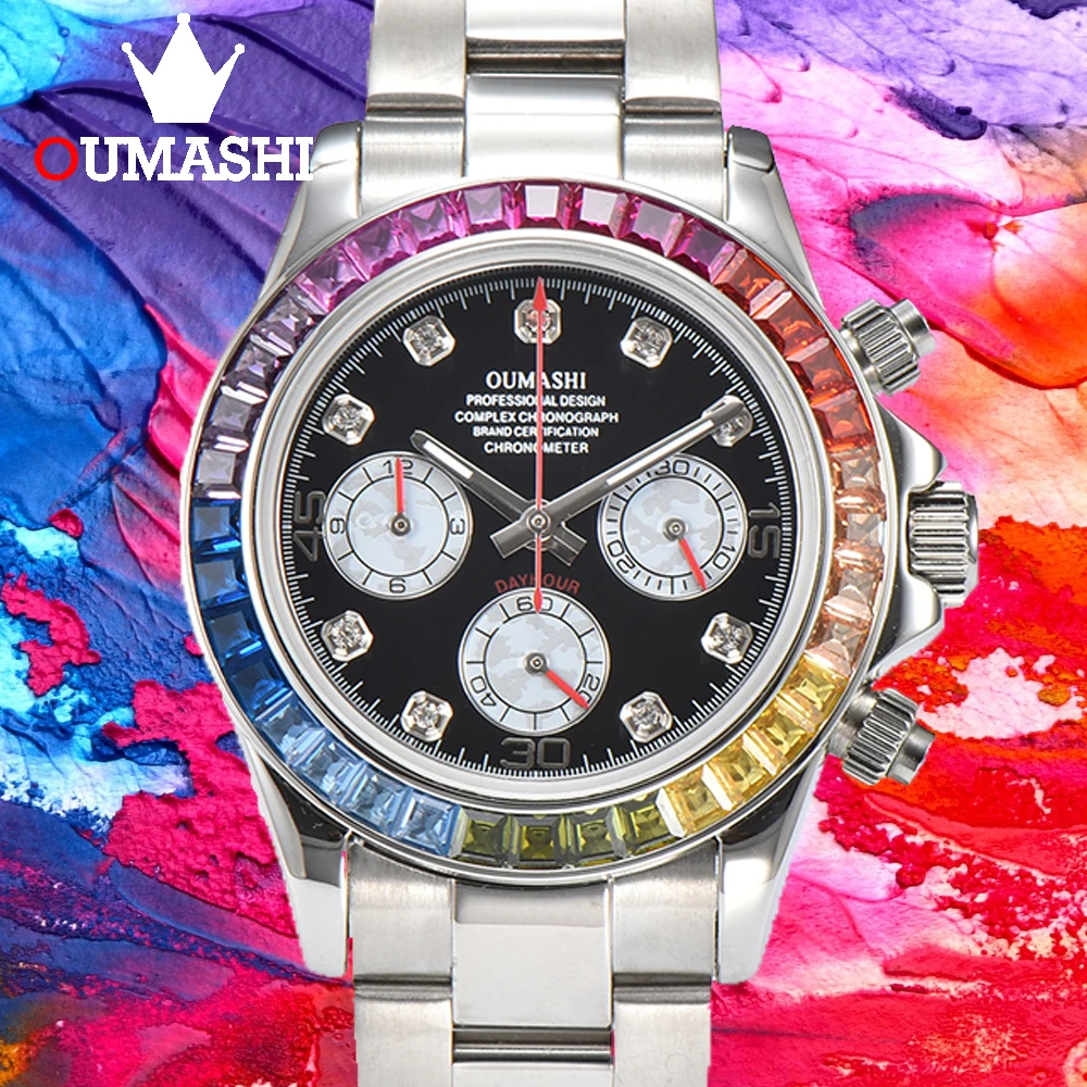 OUMASHI Rainbow Rhinestone Dial and Bezel VK63 Chronograph Men\'s Sports Quartz Watch Sapphire Stainless Steel Waterproof 10BA