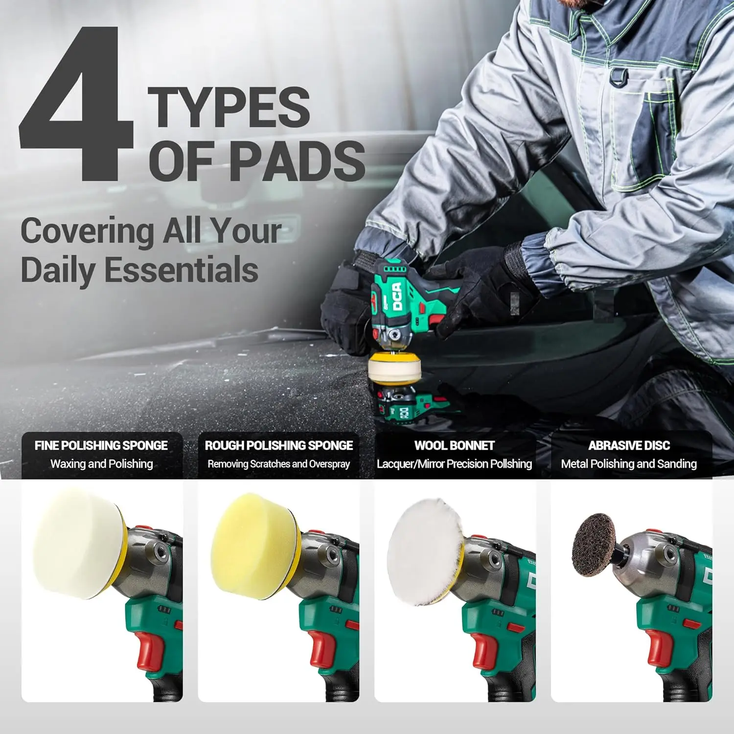 Mesin Poles Tanpa Kabel 12V, Kit Sikat 3' & Sander 2' dengan 2 Baterai 2.0Ah, 2800-8300RPM untuk Detailing Mobil