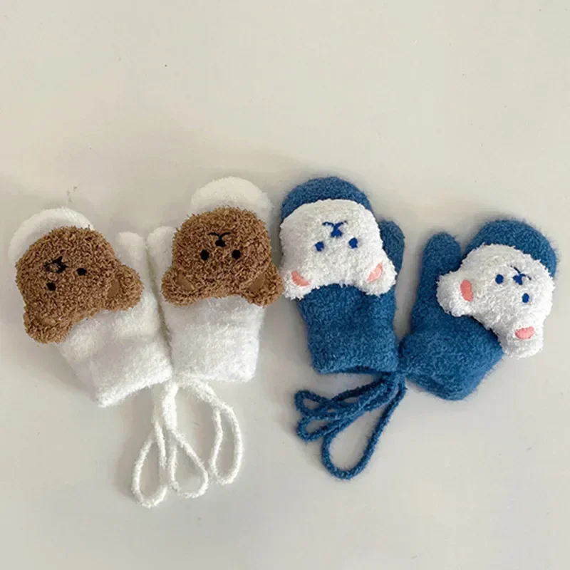 Cartoon Bear Baby Mittens Winter Warm Kids Baby Girl Gloves Knitted Children Toddler Thick Teething Mitten 1-4Y