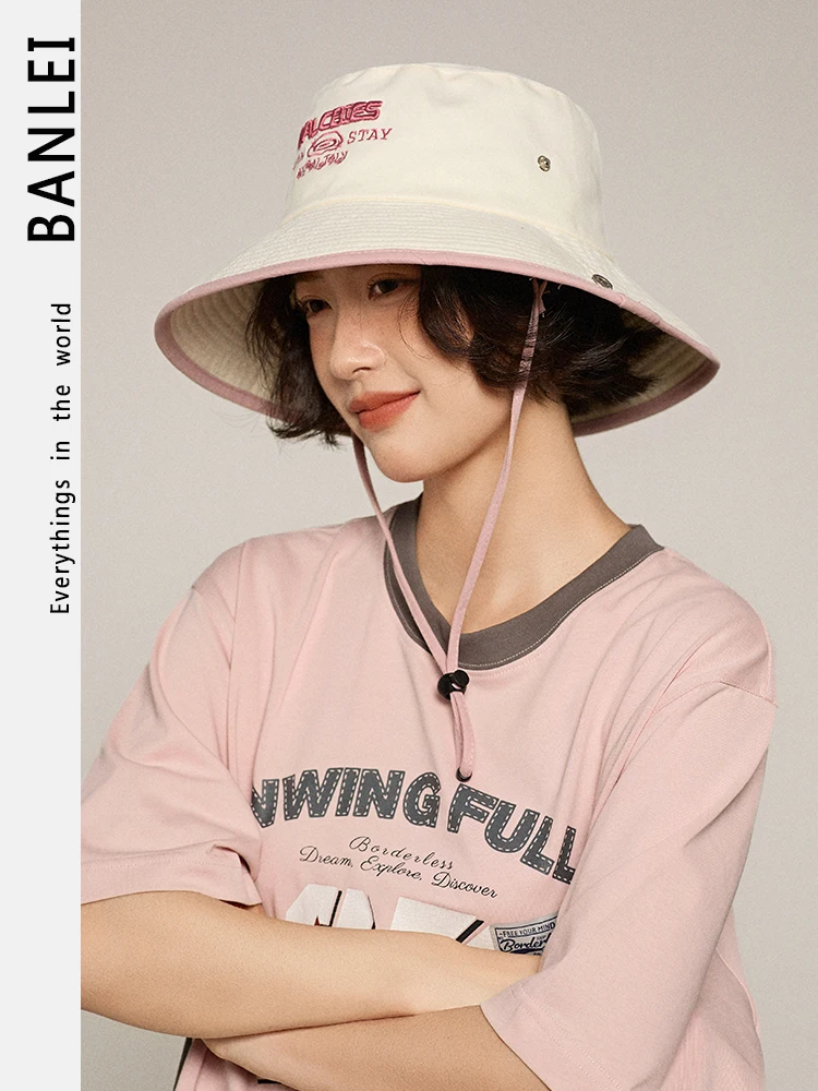 

Summer Letter Drawstring Fisherman Hat Outdoor Versatile Big Brim Camping Mountaineering Hat Sun Hat Women