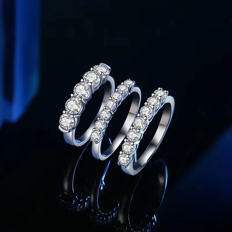 Trendy 925 Sterling Silver 5-7 Moissanite Stone Half Eternity Rings for Women Plated White Gold Diamond Engagement Ring Gift