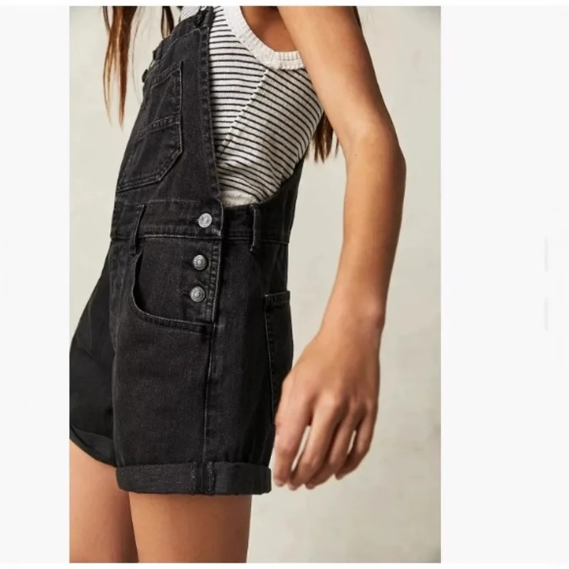 Vêtements pour femmes européennes et américaines, nouvelle mode décontractée, polyvalente, couleur unie, bretelles personnalisées, salopette en Denim ample, short