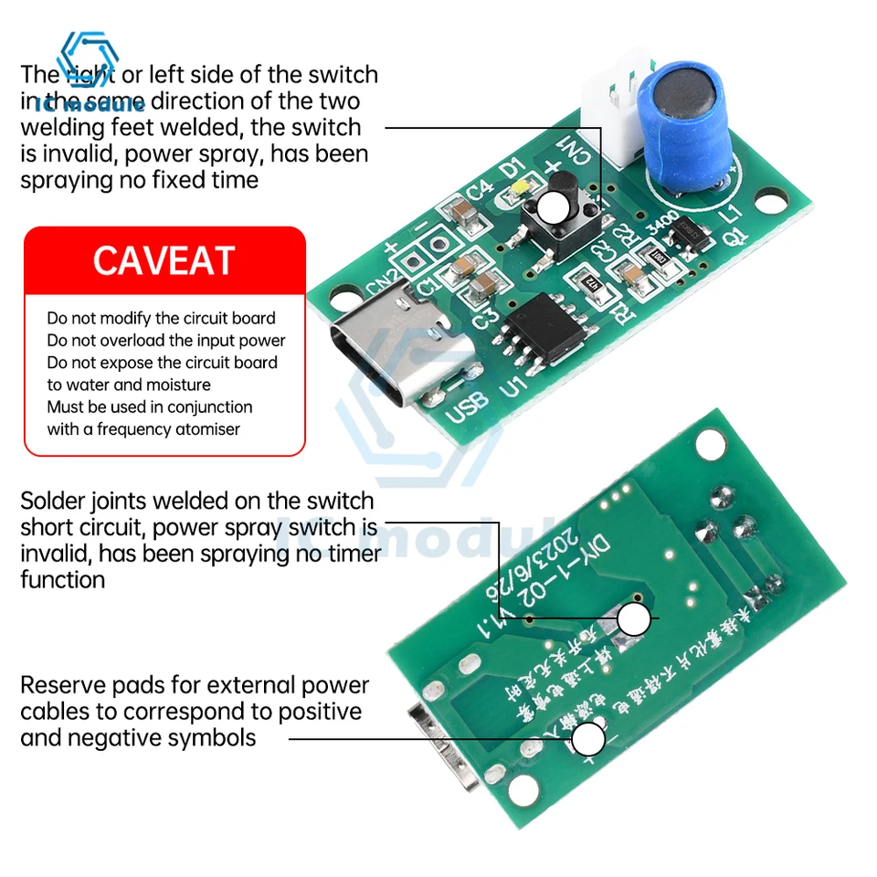 Produktbild von USB-Luftbefeuchter-Modul 5V – 4er-Set, 5µm Zerstäubung, 740 Löcher, 110kHz, 2W, Für Aromatherapie & DIY