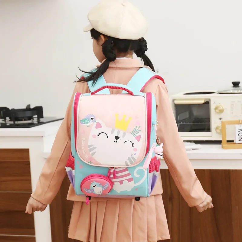 Mochilas de desenhos animados da escola primária, Cute Cat School Bag para meninos e meninas, Mochila Dinossauro para Crianças, Grade1-2