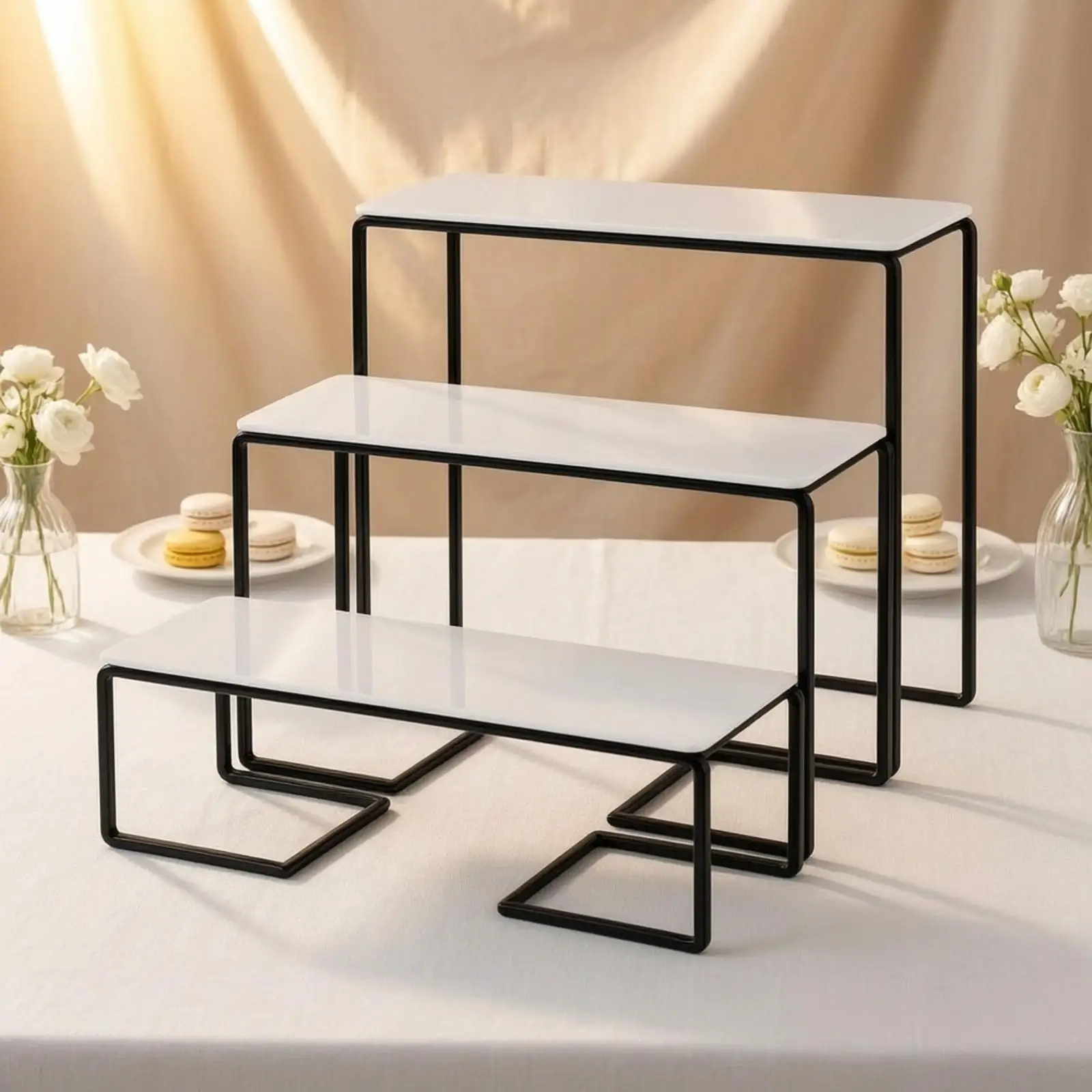 3 Pieces Rectangular Dessert Display Stand Elegant 3-Tier Dessert Stand with Ceramic Platforms Sleek Food-Grade for Weddings