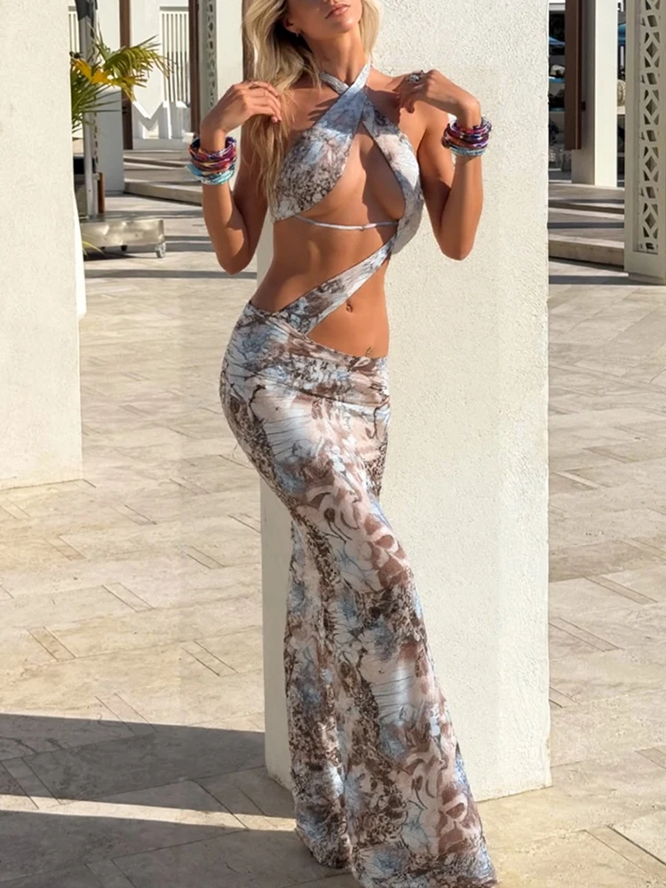 Macheda Sexy Rückenfreies Kleid Frauen Mode Druck Kreuz Verband Halfter Ärmel Unregelmäßige Robe Urlaub Strand Party Lange Bodycon