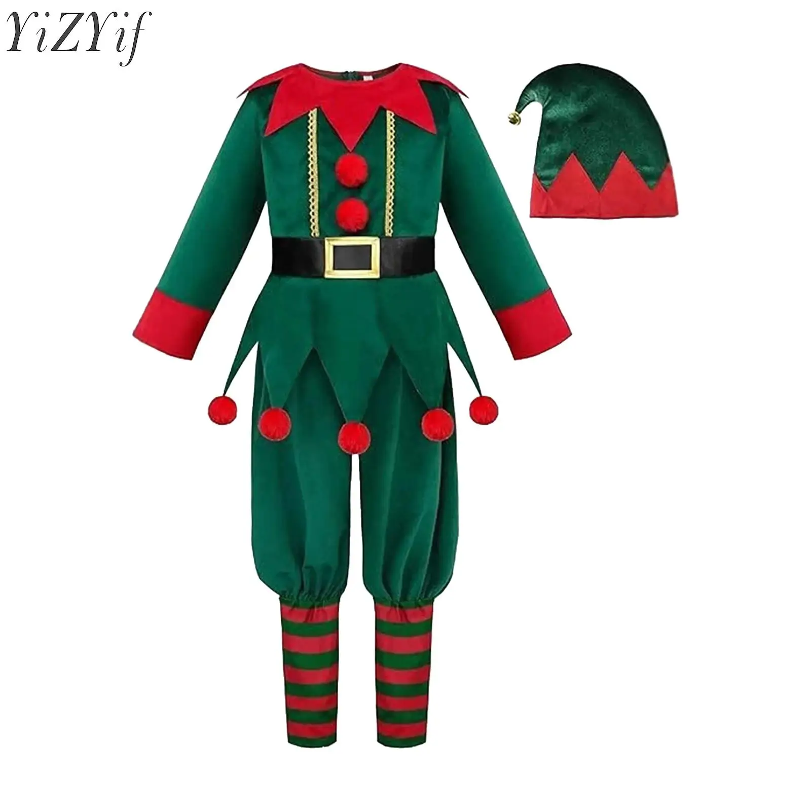 Kids Boys Girls Christmas Elf Cosplay Costume Long Sleeve Velvet Jumpsuit Romper with Santa Hat for Xmas New Year Party Festival