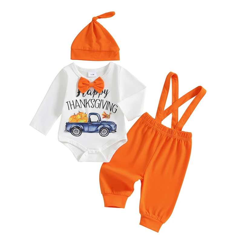 

Baby Thanksgiving Outfits Pumpkin Letter Print Long Sleeve Romper with Suspender Pants and Hat Set