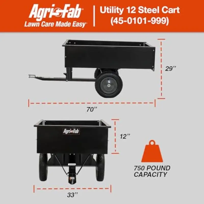 Heavy-duty steel dump cart for riding mowers with 750 lb capacity 12 cu ft bed smooth pneumatic tires easy foot-lever dumping sy