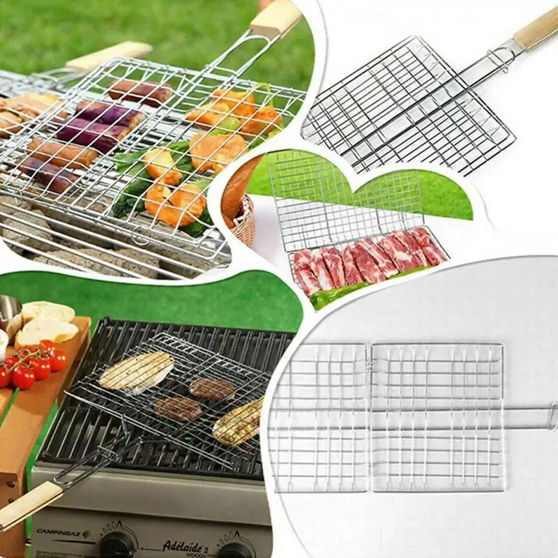 Wood Handle Outdoor BBQ Grill Basket Iron Wire Fish Basket For Grilling Barbeque Grill Accessories Grilled Fish Clip