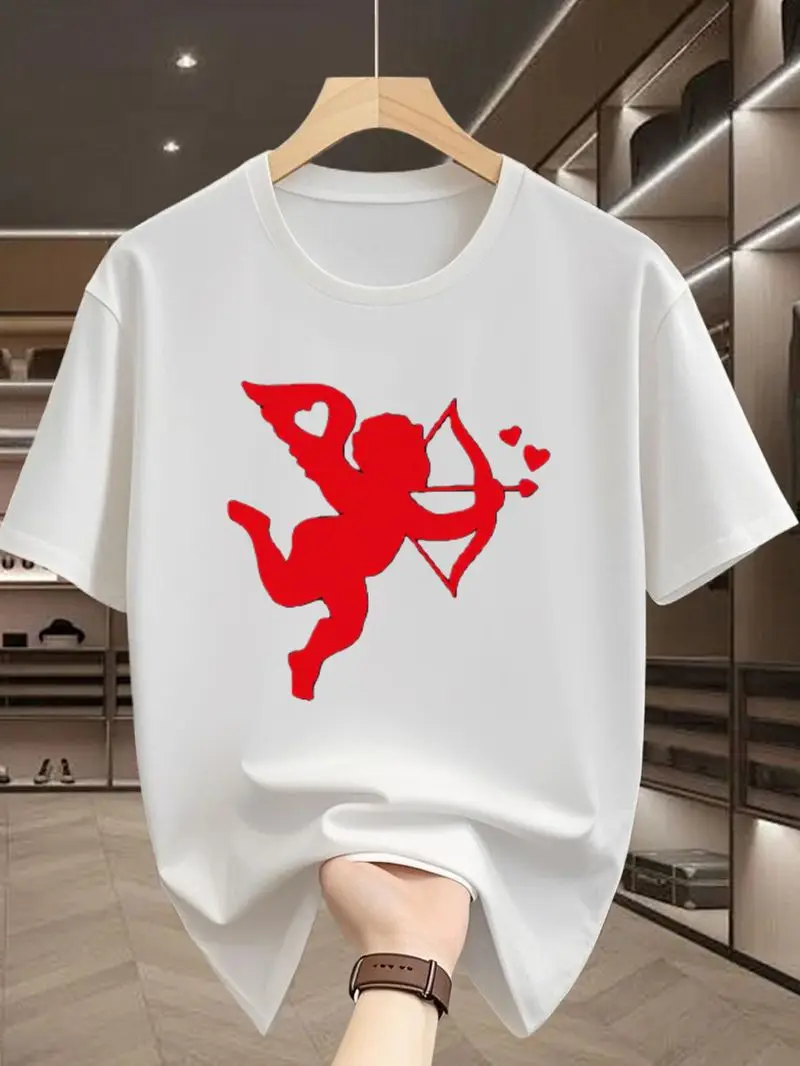 Men's Cupid And Heart Wings T-Shirt, Black And Red Contrast Round Neck Tee For Parties, Summer Casual Wear, Machine Washable
