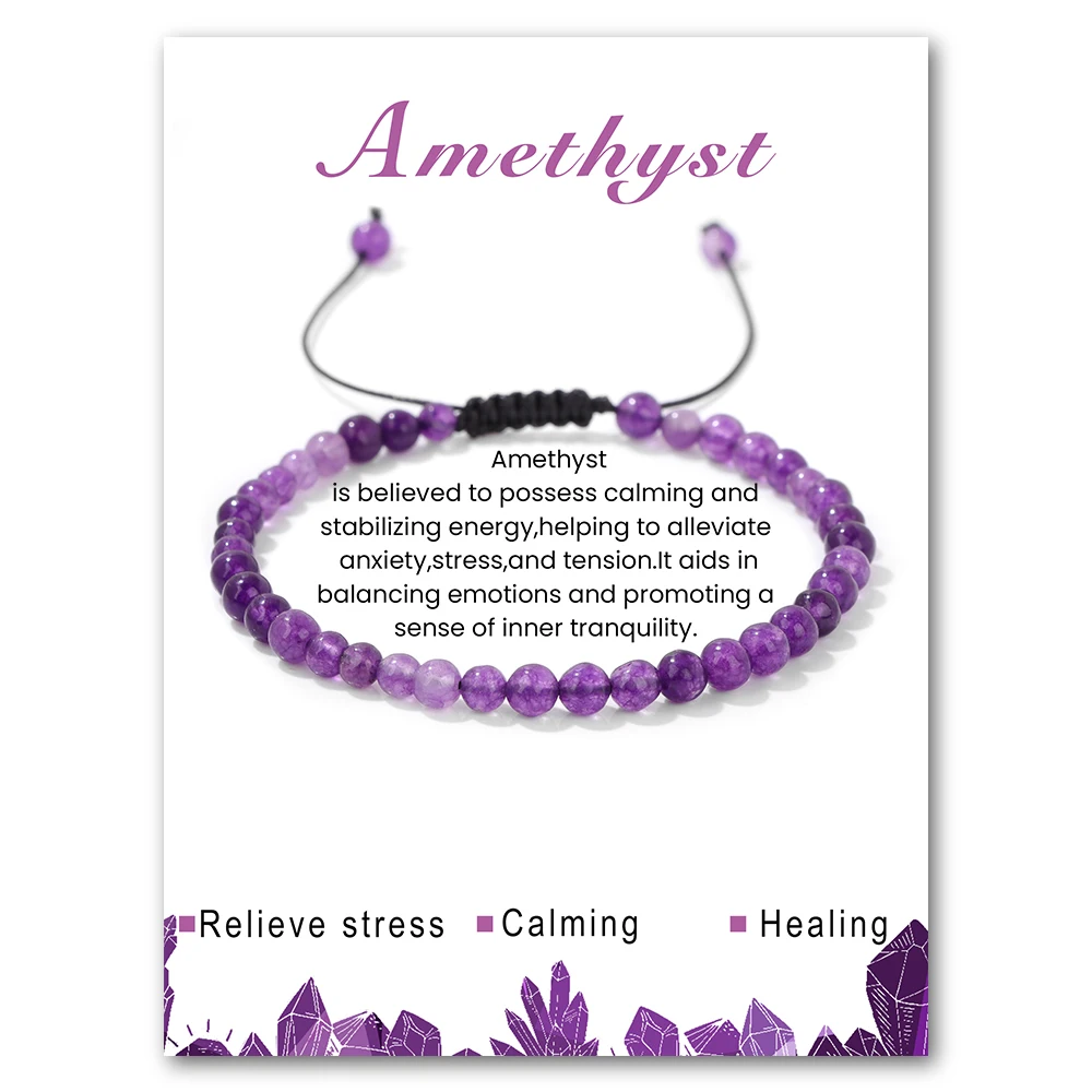 4MM Amethysten Stein Perlen Armband Mit Karte Natürliche Karneol Hämatit Amazonit Seil Armreif Einfache Schmuck Geschenk Für Frauen männer