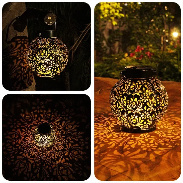 LED Solar Lantern Light Hollow Wrought Iron Projection Light Hanging Lamps Outdoor Waterproof Yard Garden Art Decoration