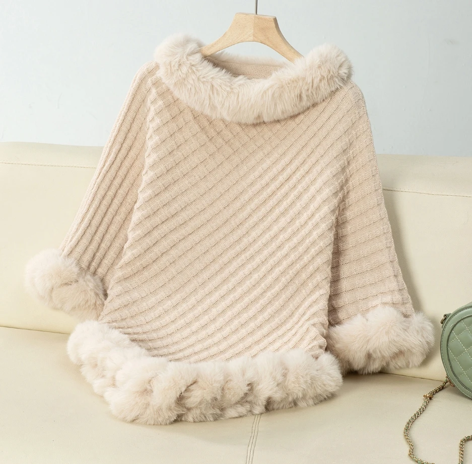 

Fashion Cape Coat Women Autumn Winter Plaid Stripes Faux Fur Pullover Knit Loose Comfort Cloak Wraps Party Shawl Coat