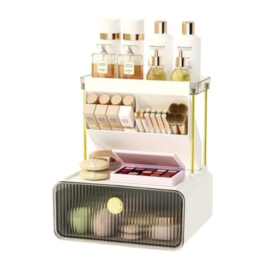 

Bathroom Counter Organizers and Storage with Drawer, Cosmetic Organizer with Make Up Brush Holder, Perfume Makeup Shelf, 3-Tier