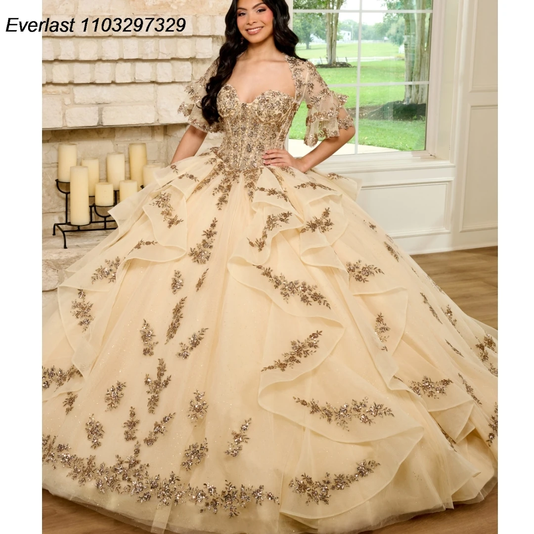 Evlast Champagner Quince anera Kleid Ballkleid Spitze Applikation Kristalle Perlen mit Cape Tiered Sweet 16 Vestido de 15 Anos TQD462