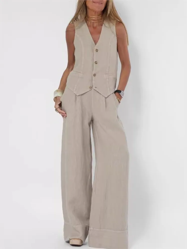 

Female 2-piece Casual Cotton Linen Splicing Vest Wide-leg Pants Suit Commuting Vacation Business Office Banquet Two-pieces Set
