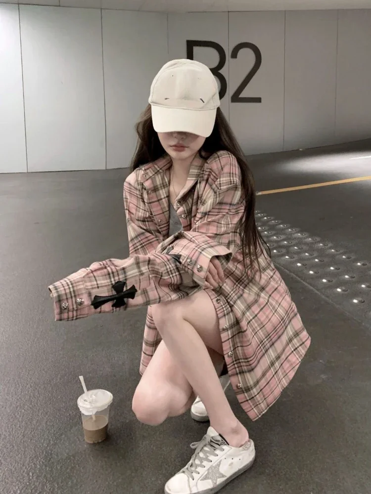 ADAgirl Pink Plaid Shirt Women Cross Button Up Blouses Female High Street Long Sleeve Tops Hippie Autumn Oversize Streetwear Ins