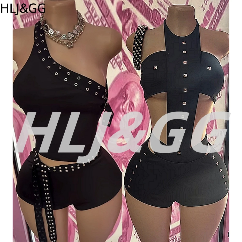 

HLJ&GG Y2k Sexy two piece outfits woman halter sleeveless Backless Tank Tops + Shorts Midnight Suit female streetwear clothing