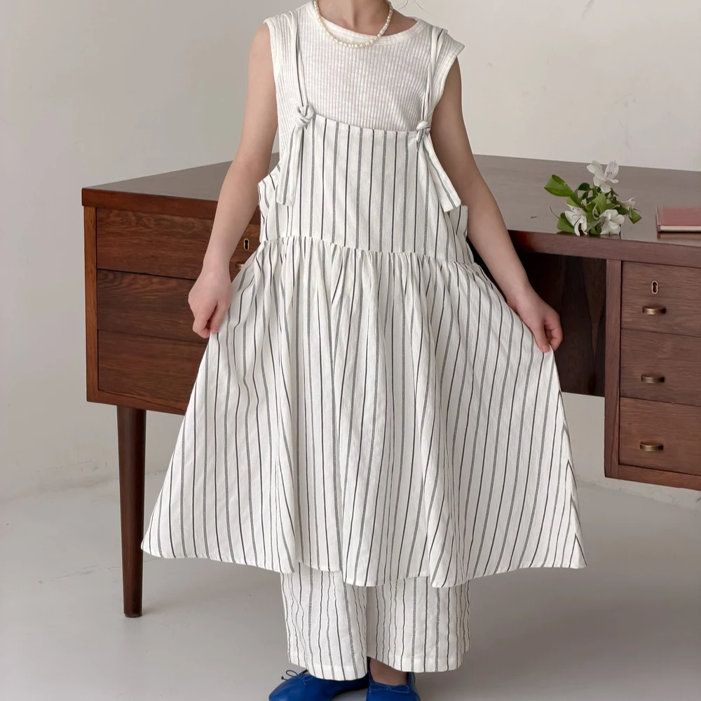 Girls Set 2026 Spring and Summer New Childrens Clothing Korean Girl Baby Literature and Fresh Vertical Stripe Suspender Two Sets