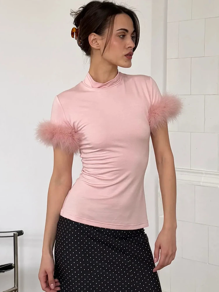 

JULISSA MO Turtleneck Patchwork Feather Sleeve Women T-shirts Short Sleeve Casual Short Tops Spring Slim Fashion Party Clubwear