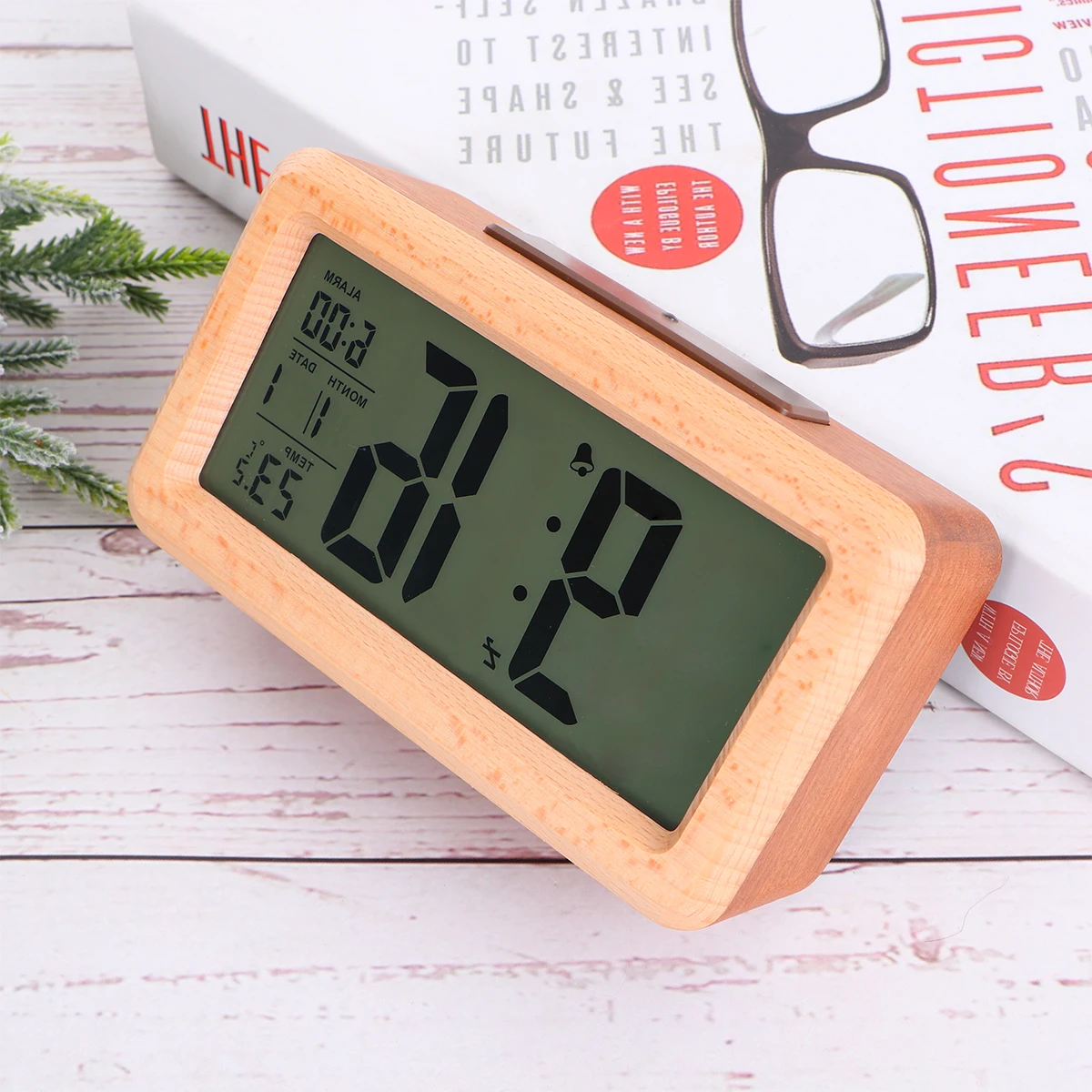 

1pc LED Alarm Clock Solid Wood Wall Clock Adjustable Brightness Temperature Display for Bedroom Desktop Industrial
