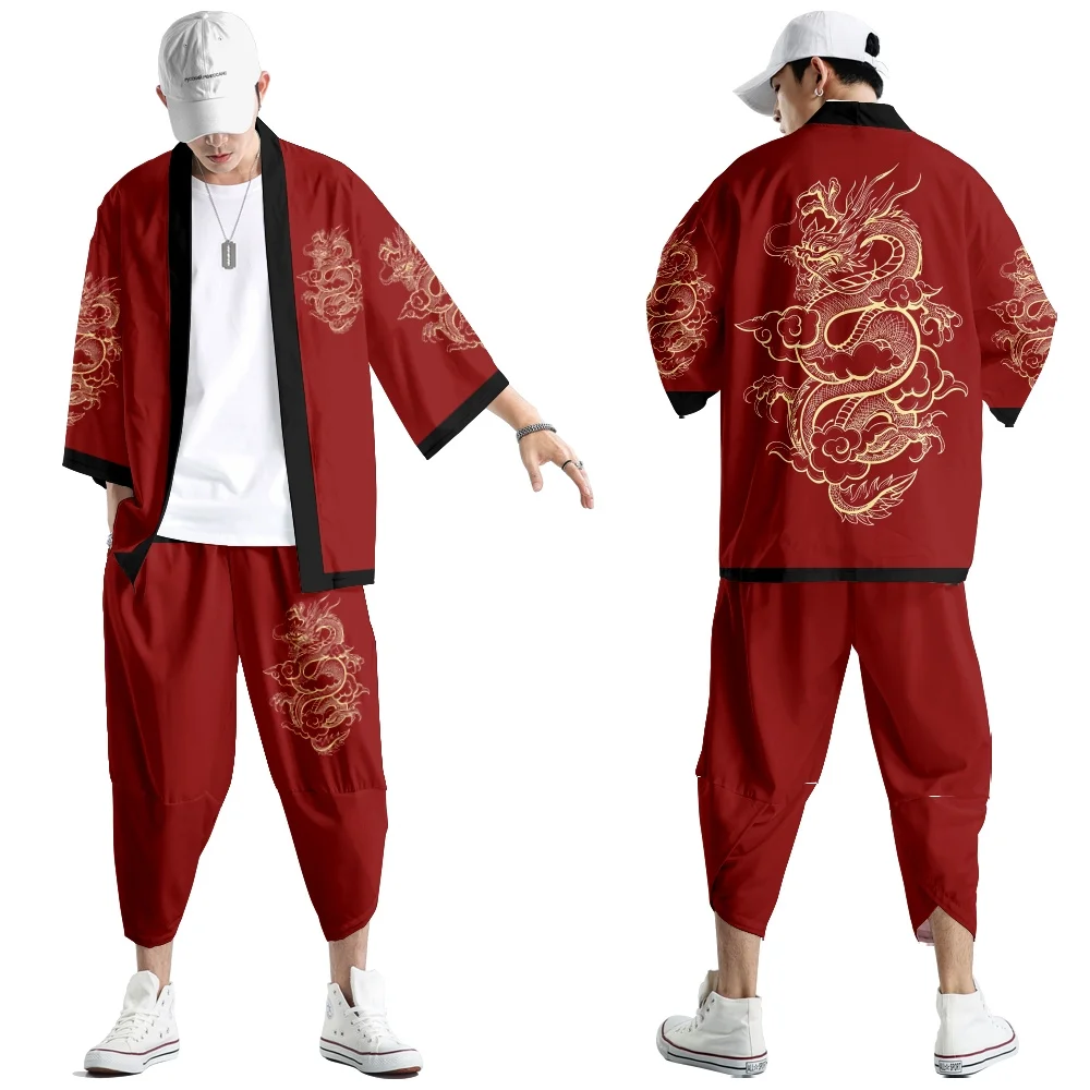 

Large Size 5XL 6XL Japanese Kimono Cardigan Pants Set Print Dragon Men Women Shirt Tradition Yukata Haori Obi Cosplay Costume