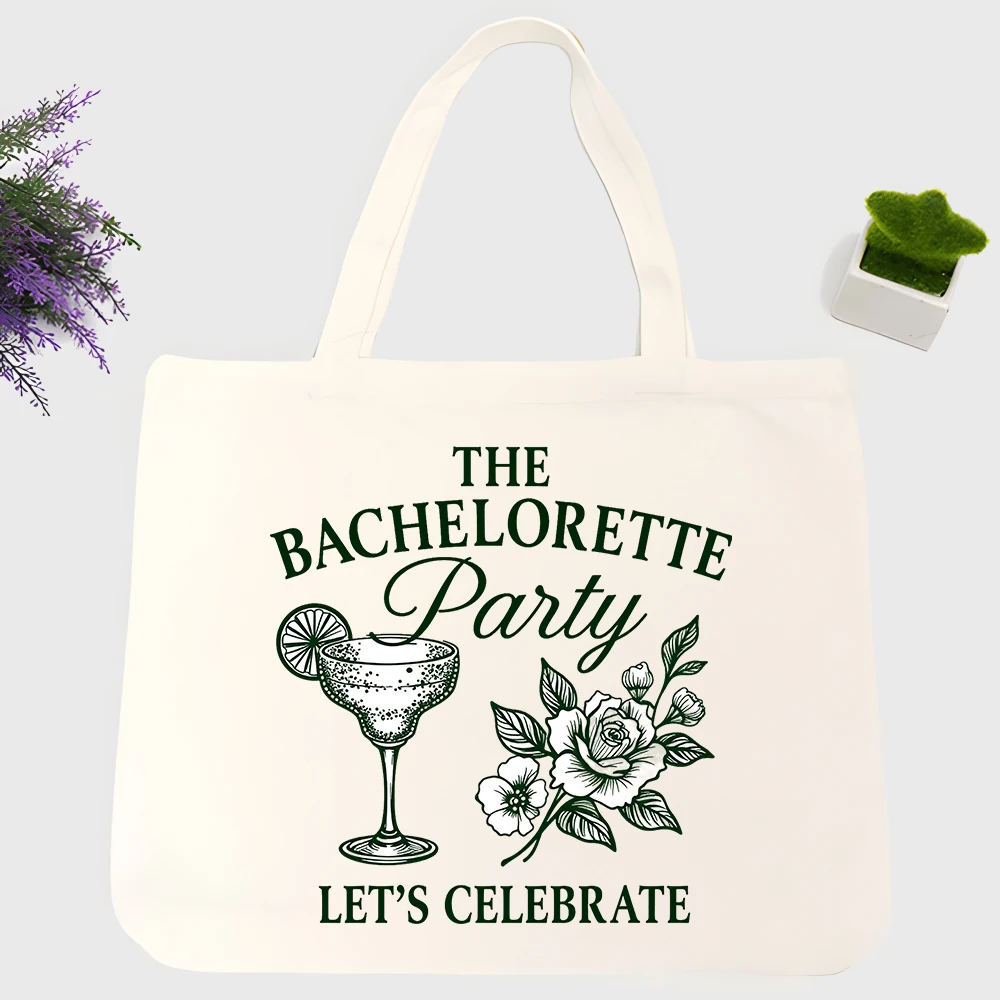 Women's cocktail and floral letter print canvas tote bag, casual style for bachelorette party celebrations