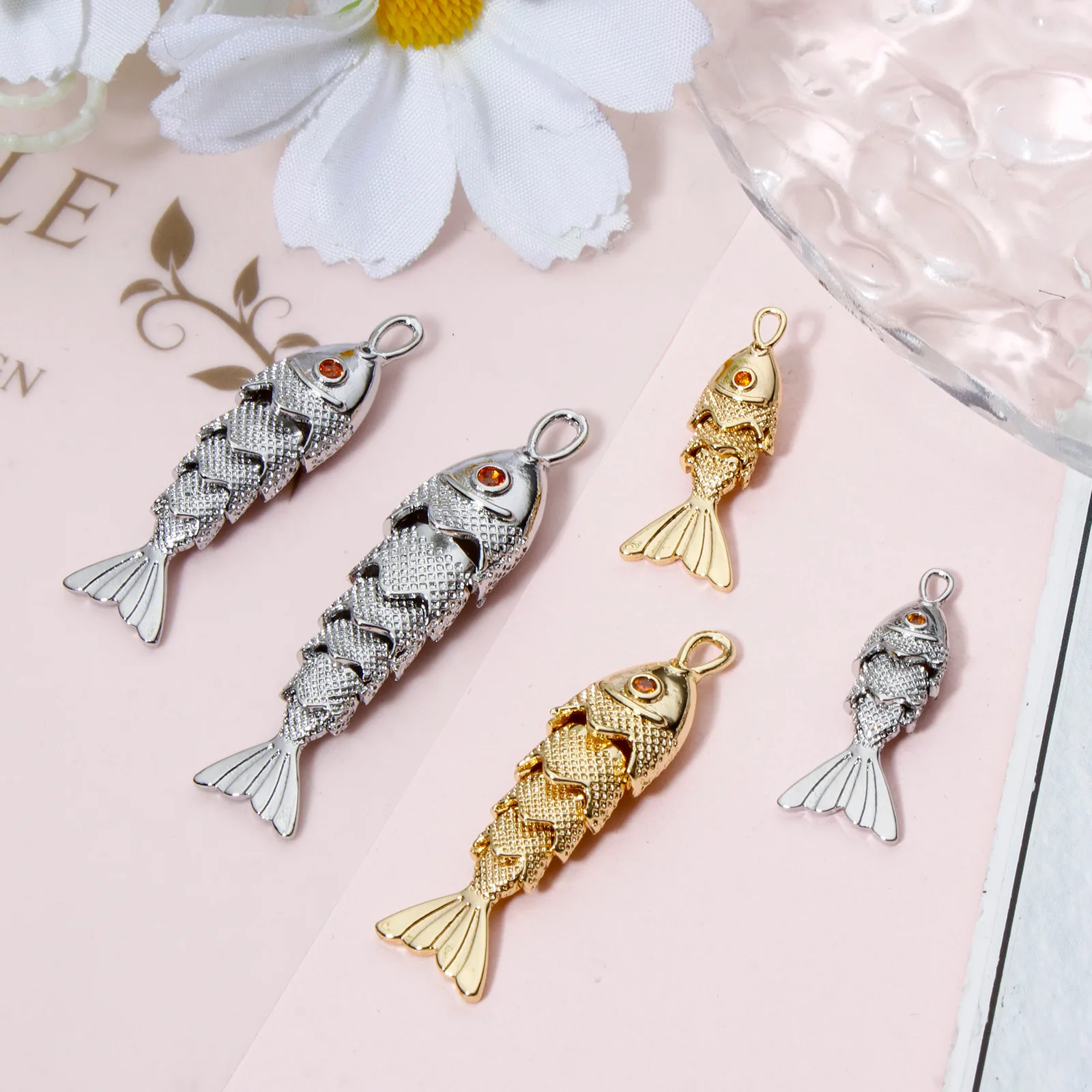 1 Piece Ocean Copper Golden Silvery Fish Pendant For Diy Necklace Pave Orange Red Zircon Eyes Jewelry Charms  Making Findings