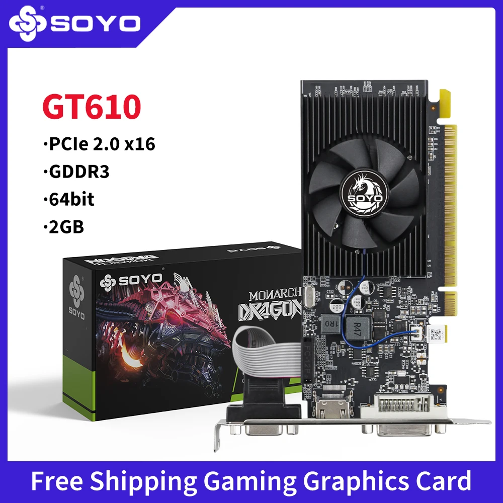

Видеокарта SOYO NVIDIA GeForce GT 610 2G, память DDR3, графический процессор, 64 бит PCI-E2.0 x16, игровая видеокарта для компонентов настольного компьютера
