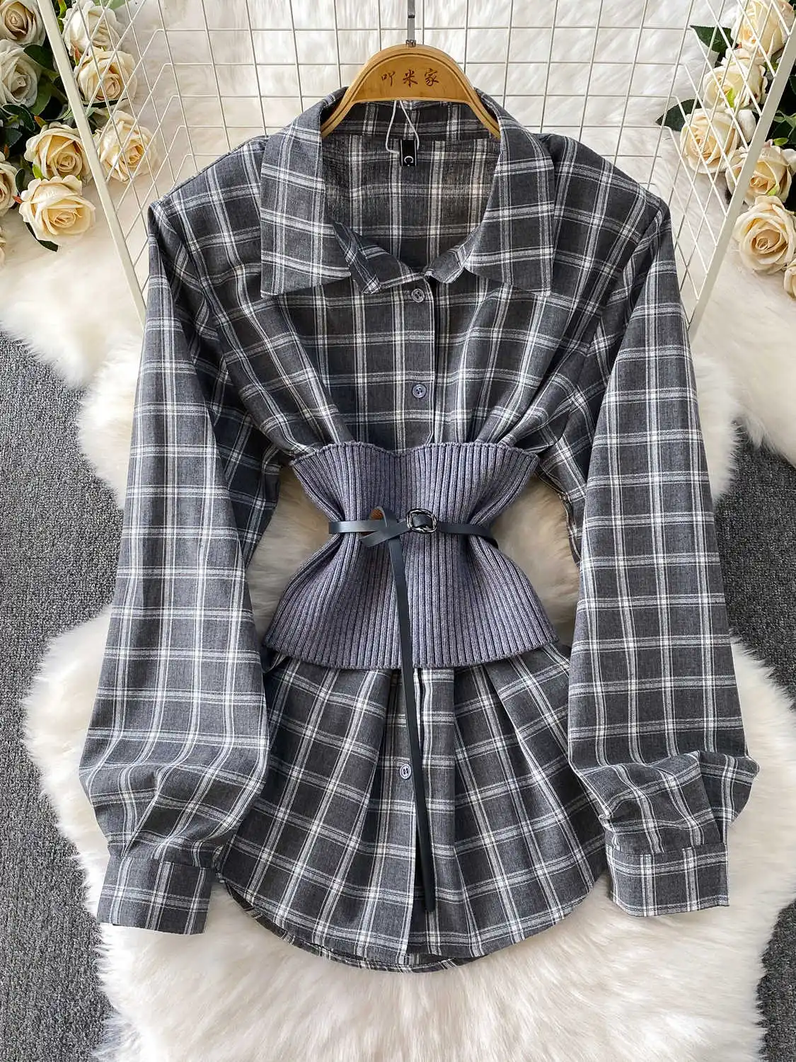 

Women's Suit Polo-Neck Grey Plaid Shirts Blouses Y2k Vintage 2000s Long Sleeve Casual Long Shirt 2 Piece Set Clothes Autumn 2025