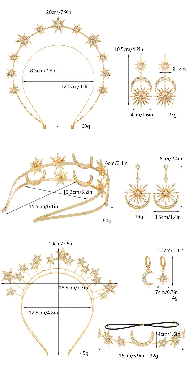 Halo Crown Exaggerated Sun Moon Stars Drop Earrings Rhinestone Earrings for Women Jewelry Golden Boho Vintage Earring Sets