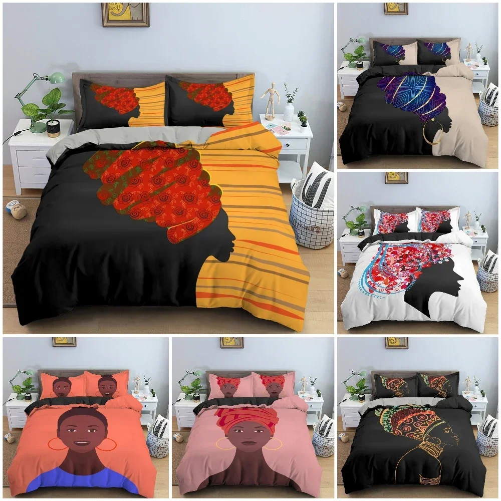 

African Woman Duvet Cover Set 3D Cartoon Printed Bedding Set Pillowcase Bedroom Decor King Queen Twin Size Bedclothes 2/3PCS