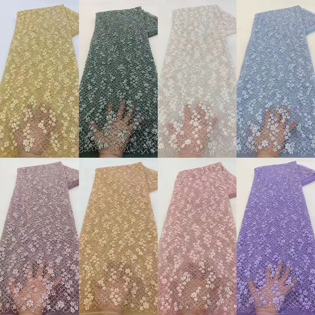 

New High Quality African Lace Fabric Beaded Tulle Lace Fabric With Sequins Embroidery Nigerian Tulle Mesh Lace Fabric For Sewing