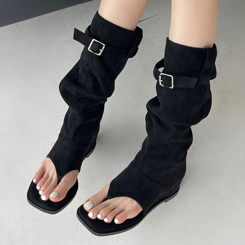 Western Women Knee High Boots 2024 New Footwear Buckle Female Fashion Height Increasing Ladies Sandals Boots Flip Flops Shoes