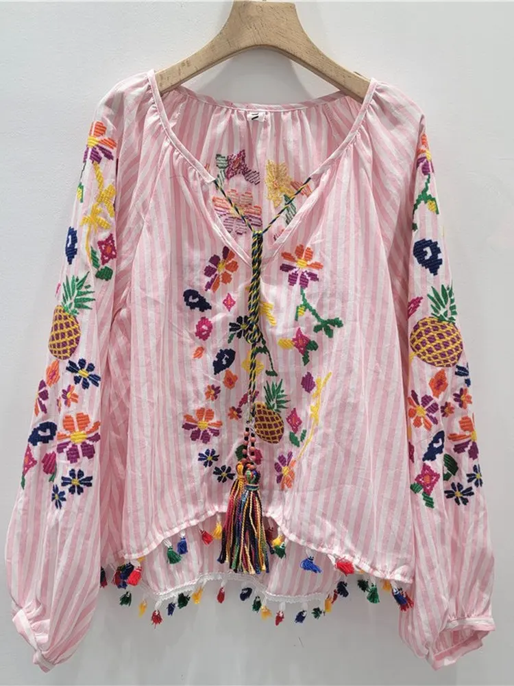 

Ethnic Style Embroidered Loose Long Sleeve Shirt Tassel Cotton Linen Stripe Cover up Women's Comfortable Breathable ...