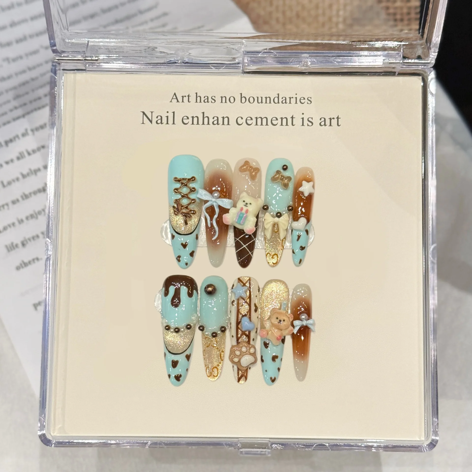 

10pcs Handmade Blue Press on Nails European Little Bear Fake Nails Wearable Vintage Y2k Cute Girls False Nails