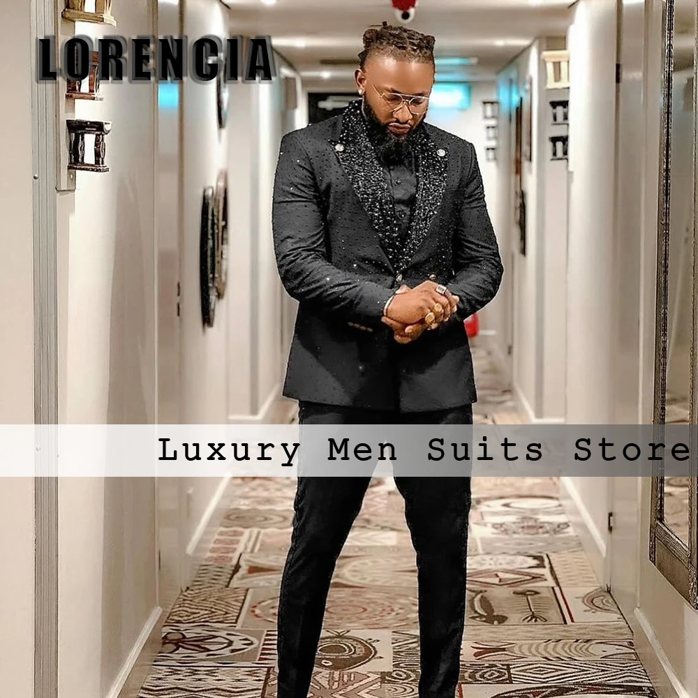 

Sparkly Crystal Men Suits 2 Pieces Double Breasted Wedding Outfit Groom Tuxedos Customized Blazer Pants traje juvenil masculino