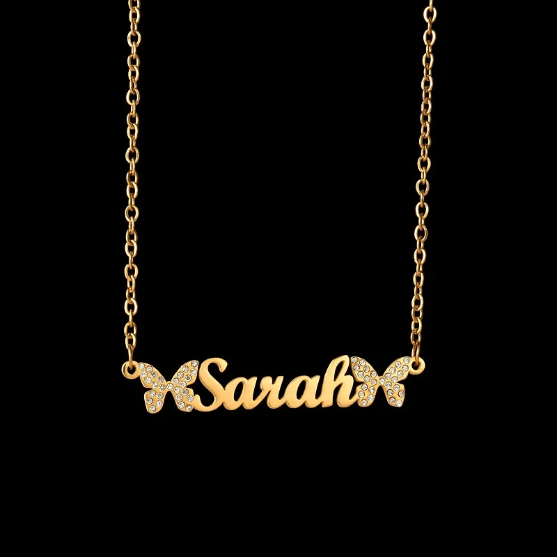 

365 Customized Name Necklace Bracelet Set Stainless Steel Jewelry Personalized Butterfly With Stones Nameplate For Women Gifts